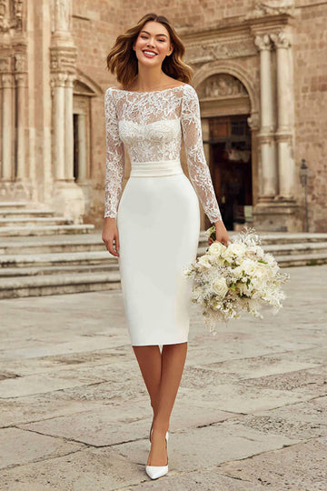 Ivory Long Sleeve Bodycon Lace Midi Engagement Dress